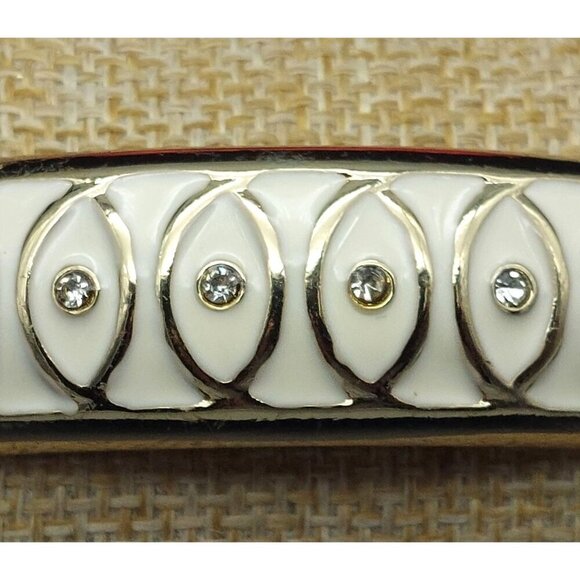 Beautiful Gold Tone & White Enamel Hinged Bangle Bracelet Tiny Rhinestone Accent - Picture 6 of 12
